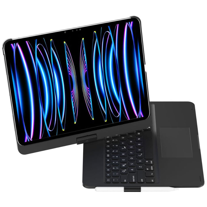 iPad Keyboard Case with backlit keys and trackpad, sleek design, drop-resistant shell, enhances functionality and protection.