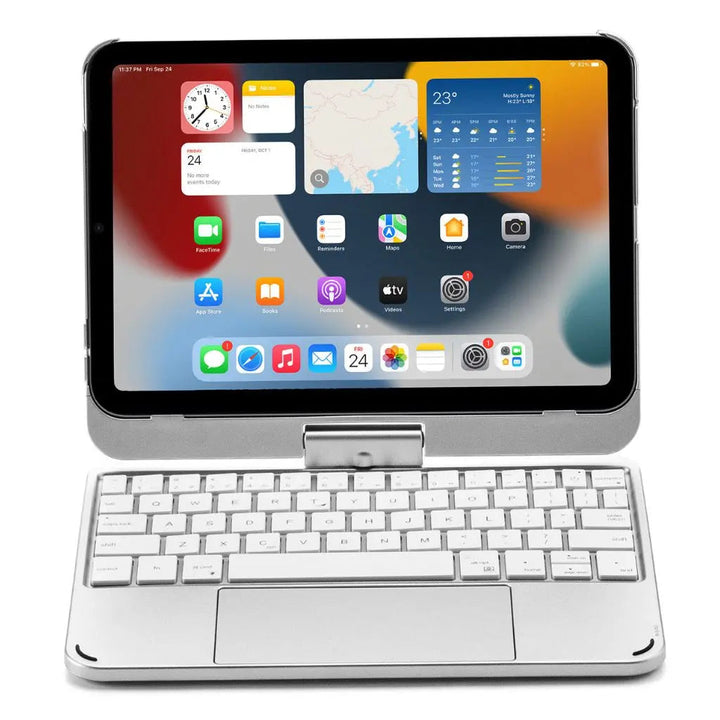 iPad Keyboard Case with backlit keys and trackpad, sleek design, drop-resistant shell, enhances functionality and protection.