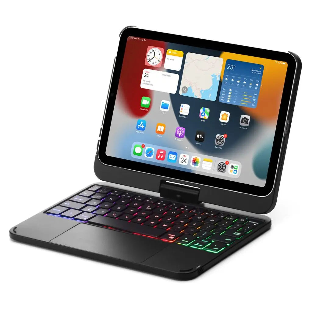 iPad Keyboard Case with backlit keys and trackpad, sleek design, drop-resistant shell, enhances functionality and protection.