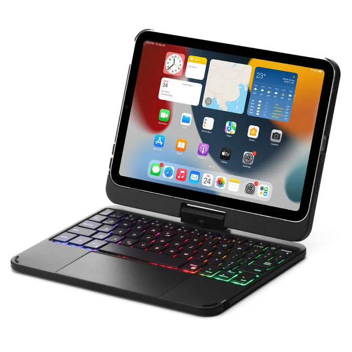 iPad Keyboard Case with backlit keys and trackpad, sleek design, drop-resistant shell, enhances functionality and protection.