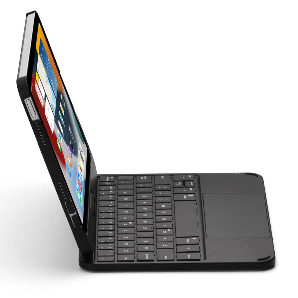 iPad Keyboard Case with backlit keys and trackpad, sleek design, drop-resistant shell, enhances functionality and protection.