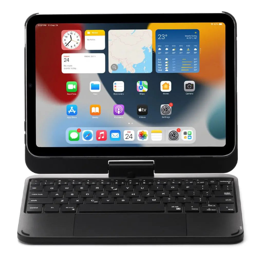 iPad Keyboard Case with backlit keys and trackpad, sleek design, drop-resistant shell, enhances functionality and protection.
