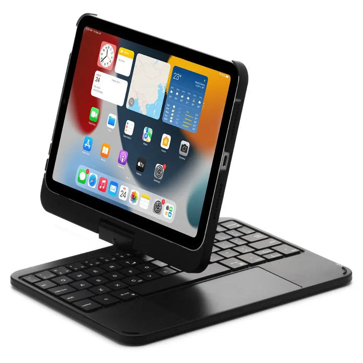 iPad Keyboard Case with backlit keys and trackpad, sleek design, drop-resistant shell, enhances functionality and protection.