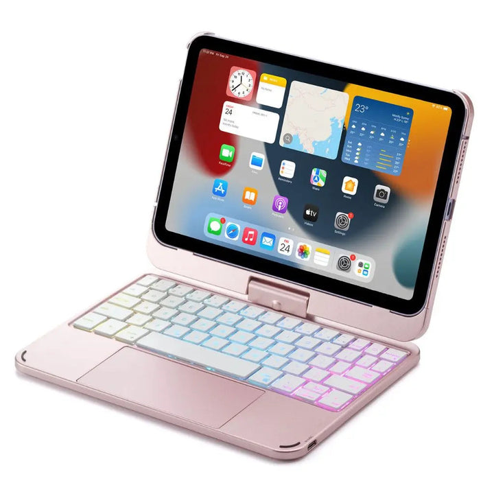 iPad Keyboard Case with backlit keys and trackpad, sleek design, drop-resistant shell, enhances functionality and protection.