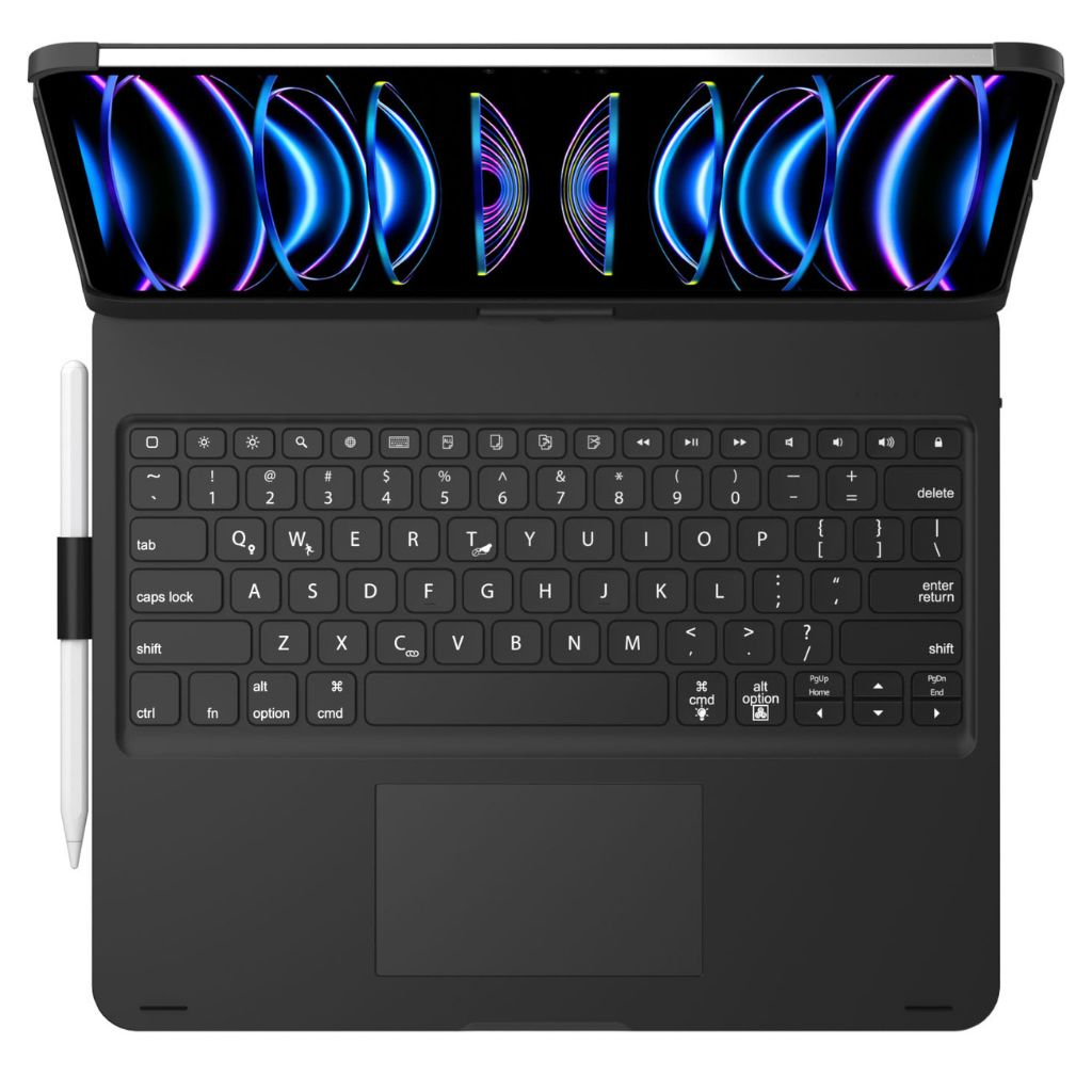 iPad Keyboard Case with backlit keys and trackpad, sleek design, drop-resistant shell, enhances functionality and protection.