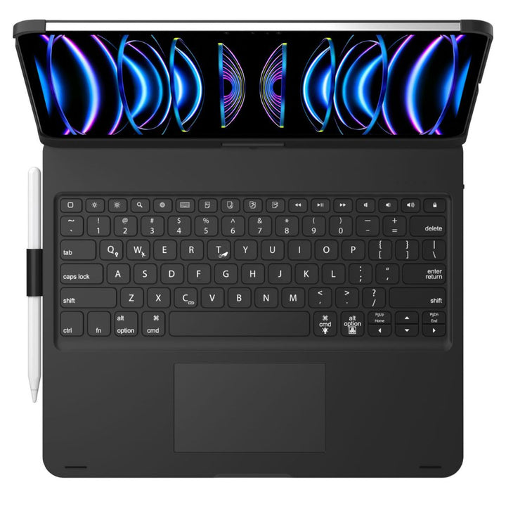 iPad Keyboard Case with backlit keys and trackpad, sleek design, drop-resistant shell, enhances functionality and protection.