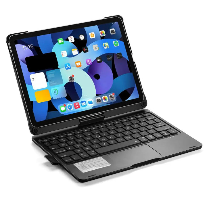 iPad Keyboard Case with backlit keys and trackpad, sleek design, drop-resistant shell, enhances functionality and protection.
