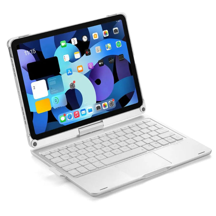 iPad Keyboard Case with backlit keys and trackpad, sleek design, drop-resistant shell, enhances functionality and protection.