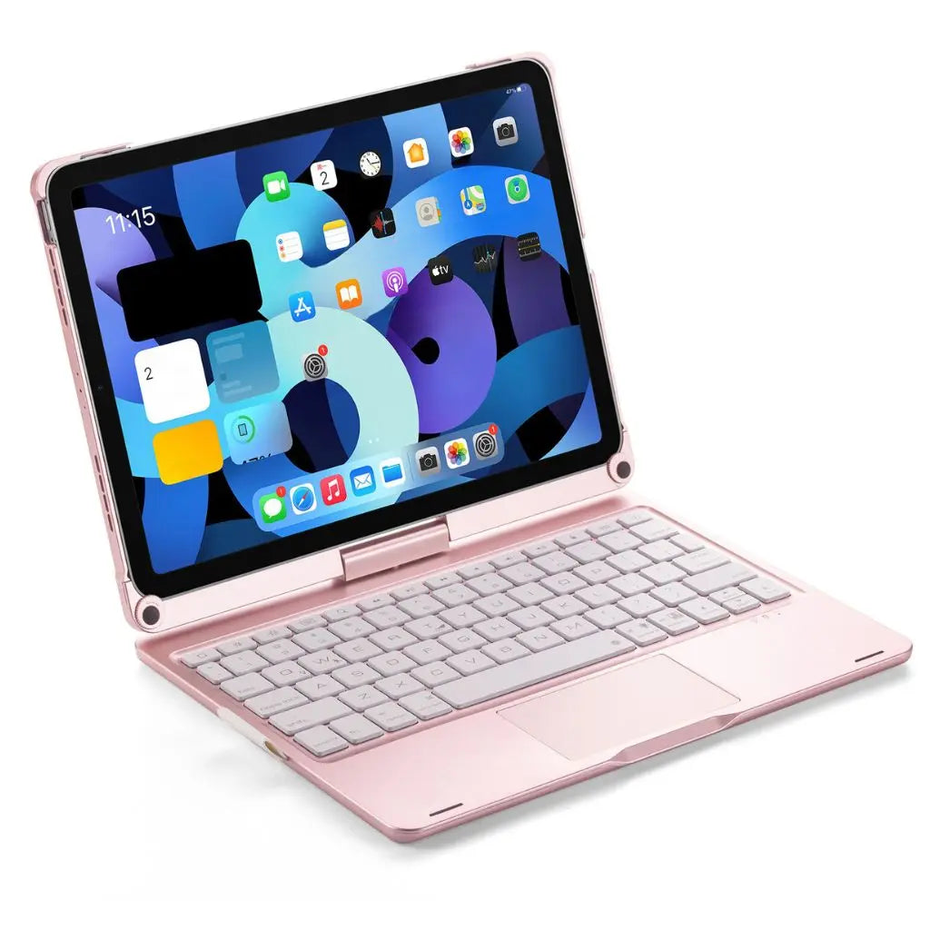 iPad Keyboard Case with backlit keys and trackpad, sleek design, drop-resistant shell, enhances functionality and protection.