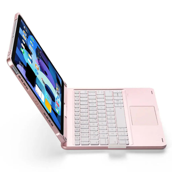 iPad Keyboard Case with backlit keys and trackpad, sleek design, drop-resistant shell, enhances functionality and protection.