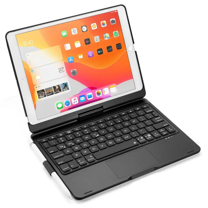 iPad Keyboard Case with backlit keys and trackpad, sleek design, drop-resistant shell, enhances functionality and protection.