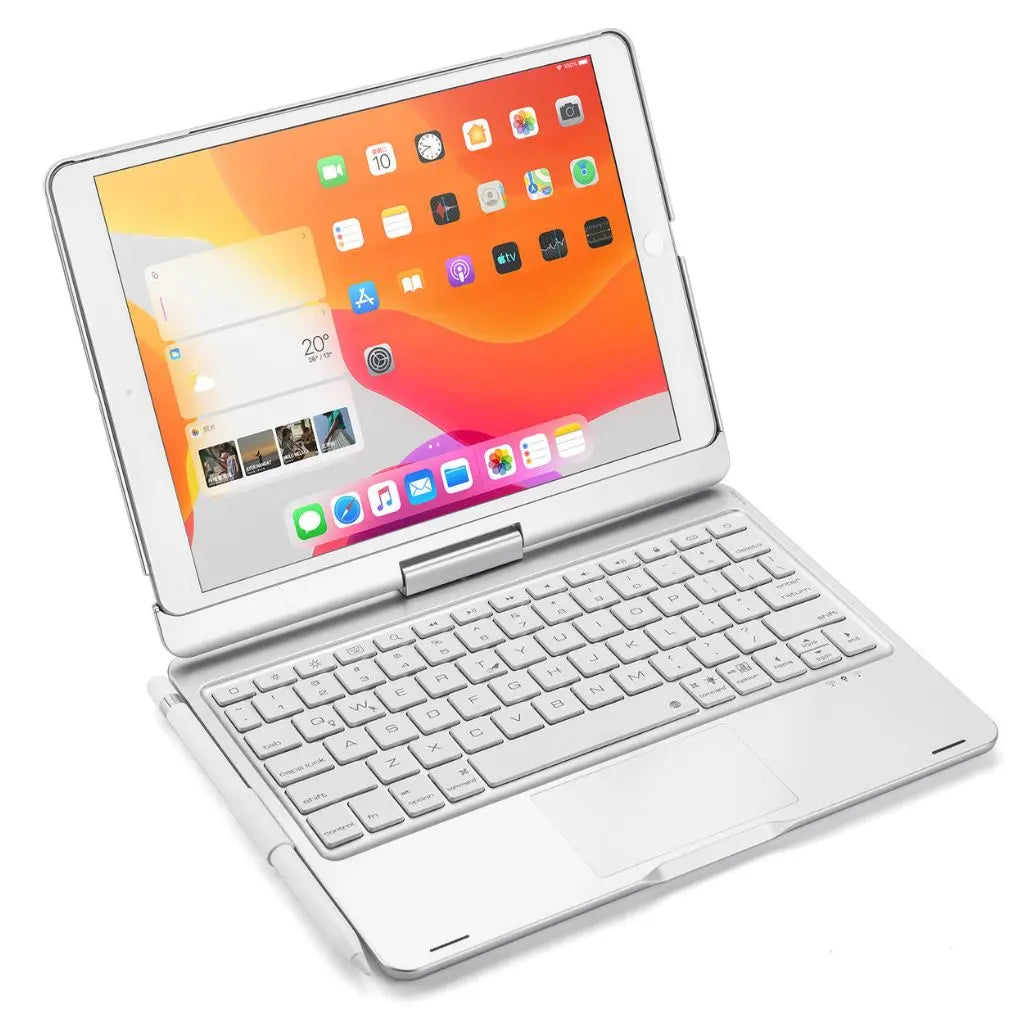 iPad Keyboard Case with backlit keys and trackpad, sleek design, drop-resistant shell, enhances functionality and protection.