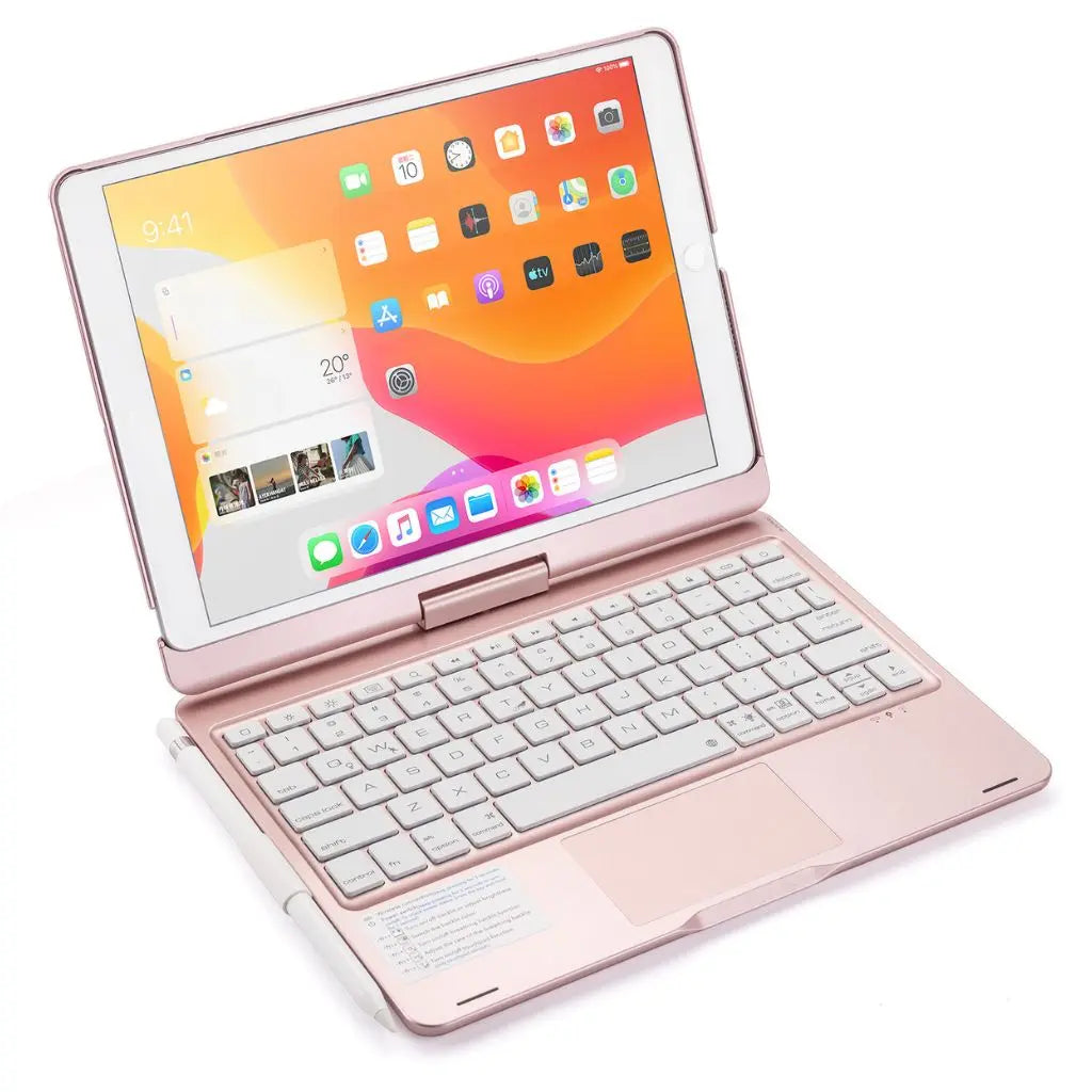 iPad Keyboard Case with backlit keys and trackpad, sleek design, drop-resistant shell, enhances functionality and protection.