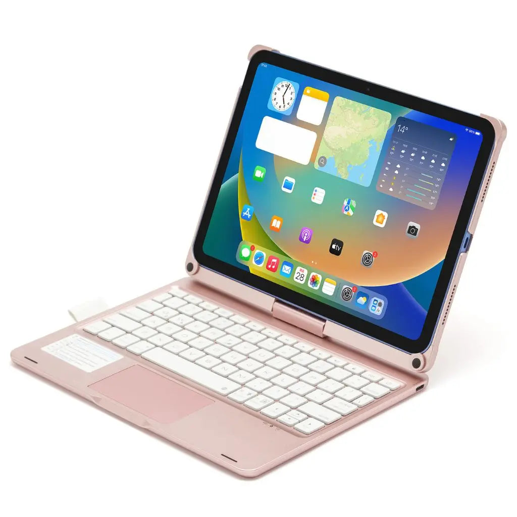iPad Keyboard Case with backlit keys and trackpad, sleek design, drop-resistant shell, enhances functionality and protection.
