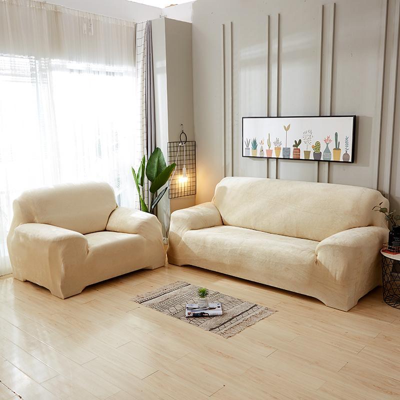 Ivory Plush Sofa Cover showing versatile fit on an L-shaped sofa, enhancing style with soft, luxurious material.
