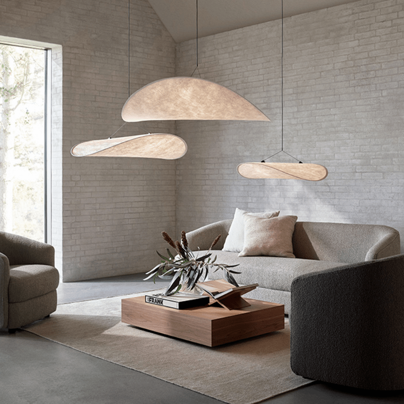 Japandi style silk pendant light with minimalist design, soft glow, and elegant finish; ideal for modern interiors.