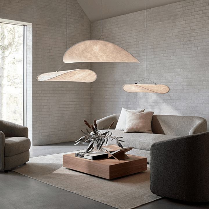 Japandi style silk pendant light with minimalist design, soft glow, and elegant finish; ideal for modern interiors.