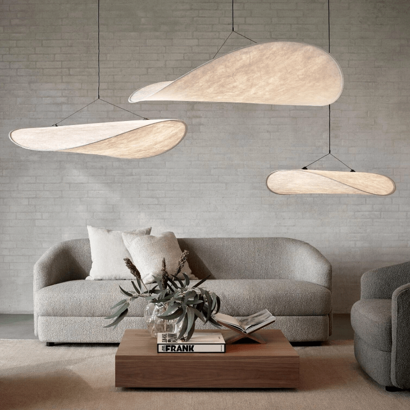 Japandi style silk pendant light with minimalist design, soft glow, and elegant finish; ideal for modern interiors.
