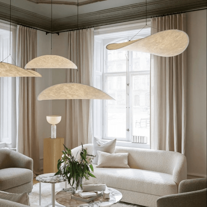 Japandi style silk pendant light with minimalist design, soft glow, and elegant finish; ideal for modern interiors.