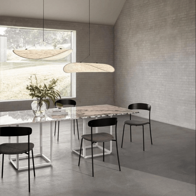 Japandi style silk pendant light with minimalist design, soft glow, and elegant finish; ideal for modern interiors.