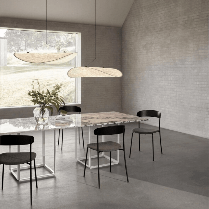 Japandi style silk pendant light with minimalist design, soft glow, and elegant finish; ideal for modern interiors.