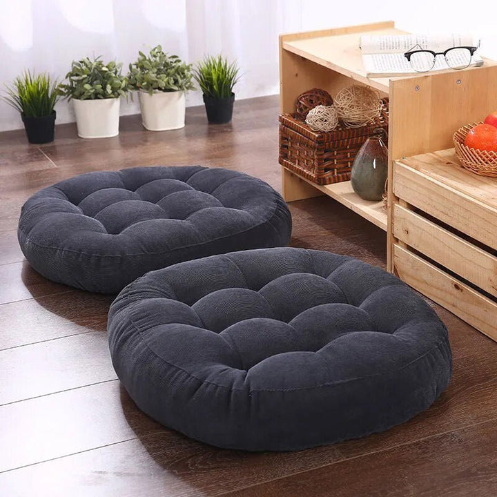 "Japanese Futon Floor Cushion with thick PU foam in chic grey, ideal for meditation or relaxing, shown on wood floor."