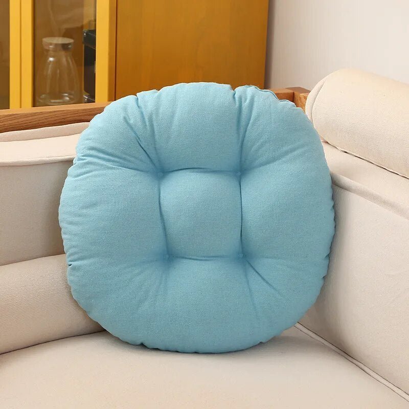 "Japanese Futon Floor Cushion with thick PU foam in chic grey, ideal for meditation or relaxing, shown on wood floor."