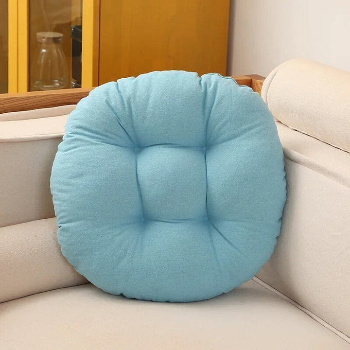 "Japanese Futon Floor Cushion with thick PU foam in chic grey, ideal for meditation or relaxing, shown on wood floor."