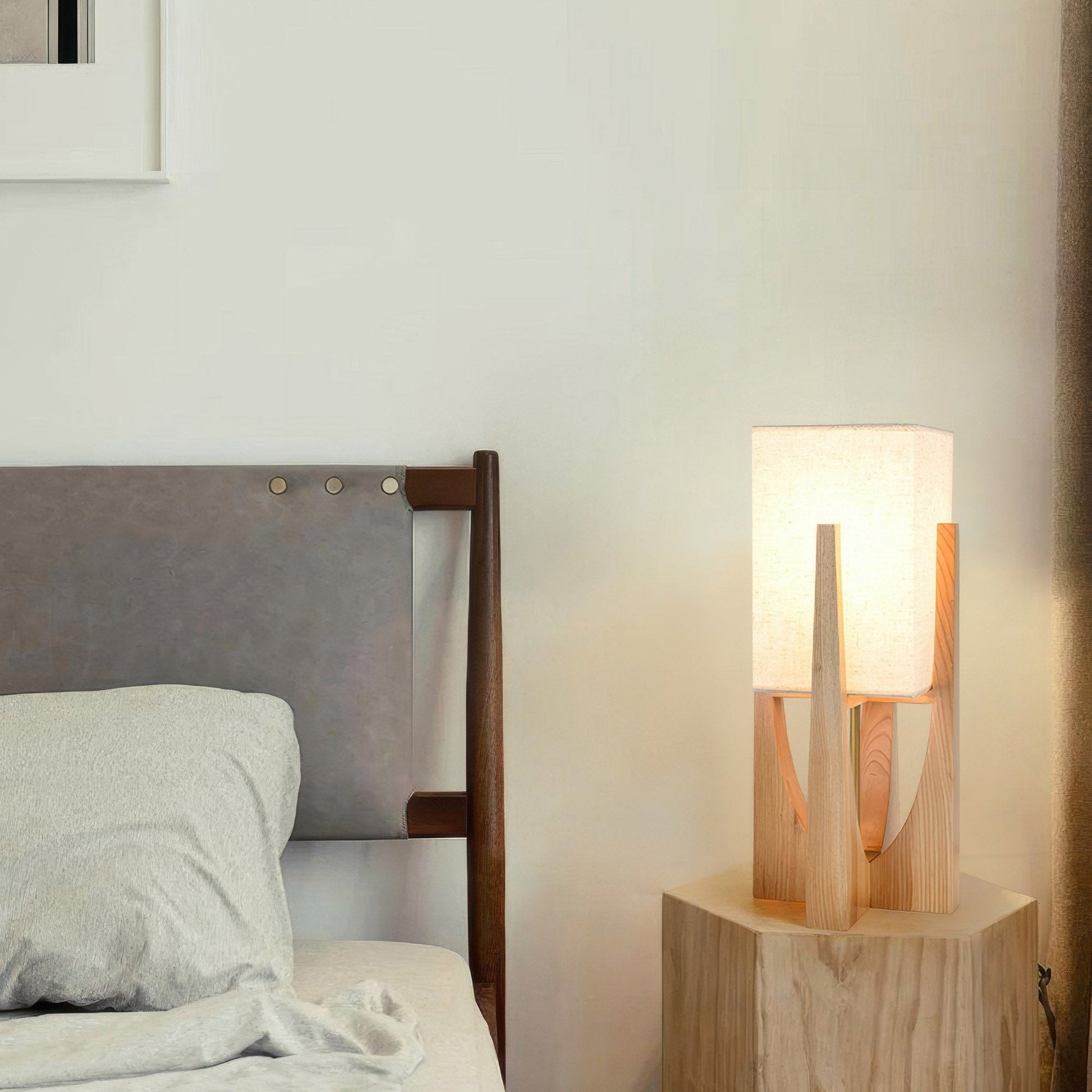 Japanese-style walnut floor lamp with LED, featuring a sturdy walnut base, brass accents, and cotton-linen shade for ambient 