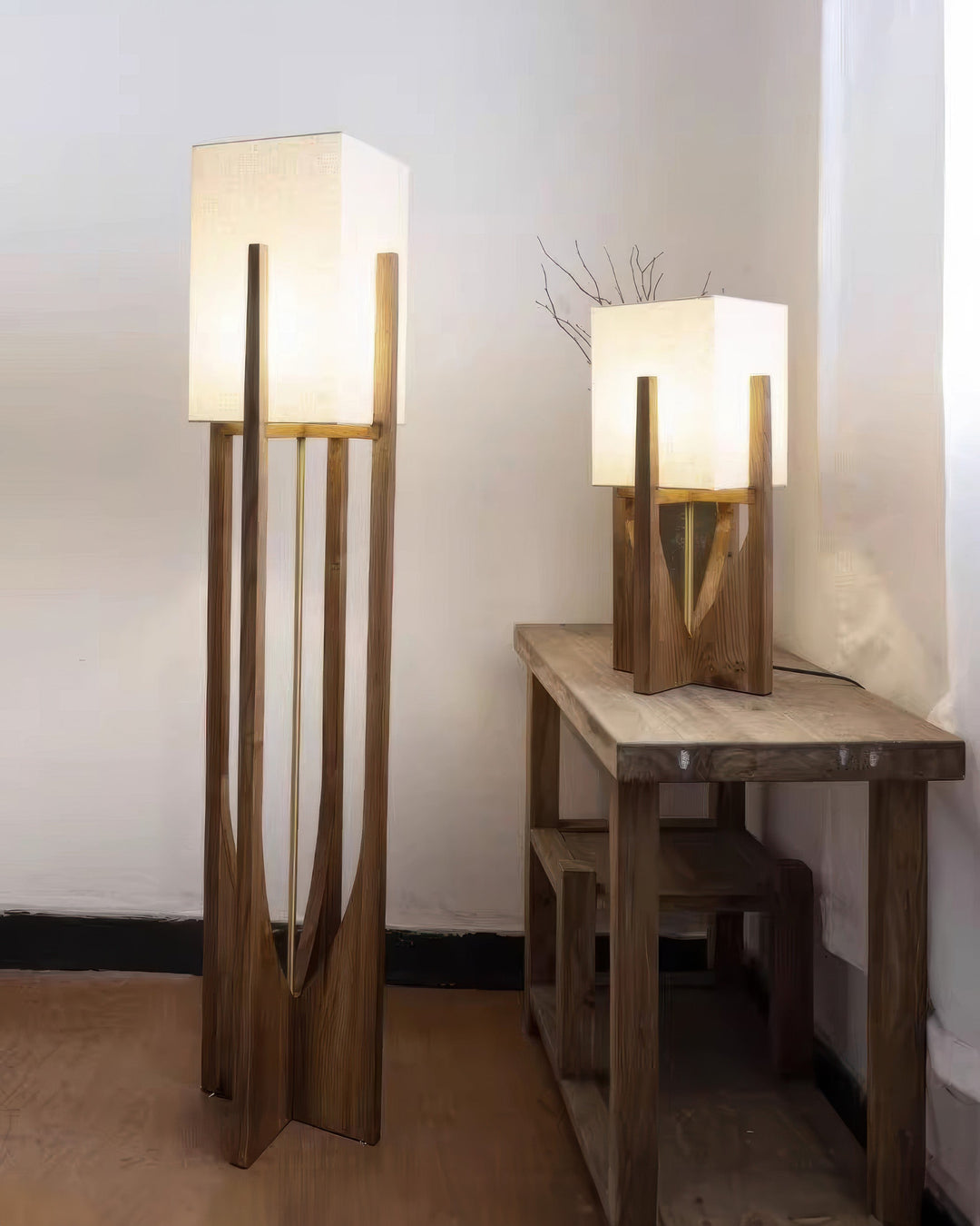 Japanese-style walnut floor lamp with LED, featuring a sturdy walnut base, brass accents, and cotton-linen shade for ambient 