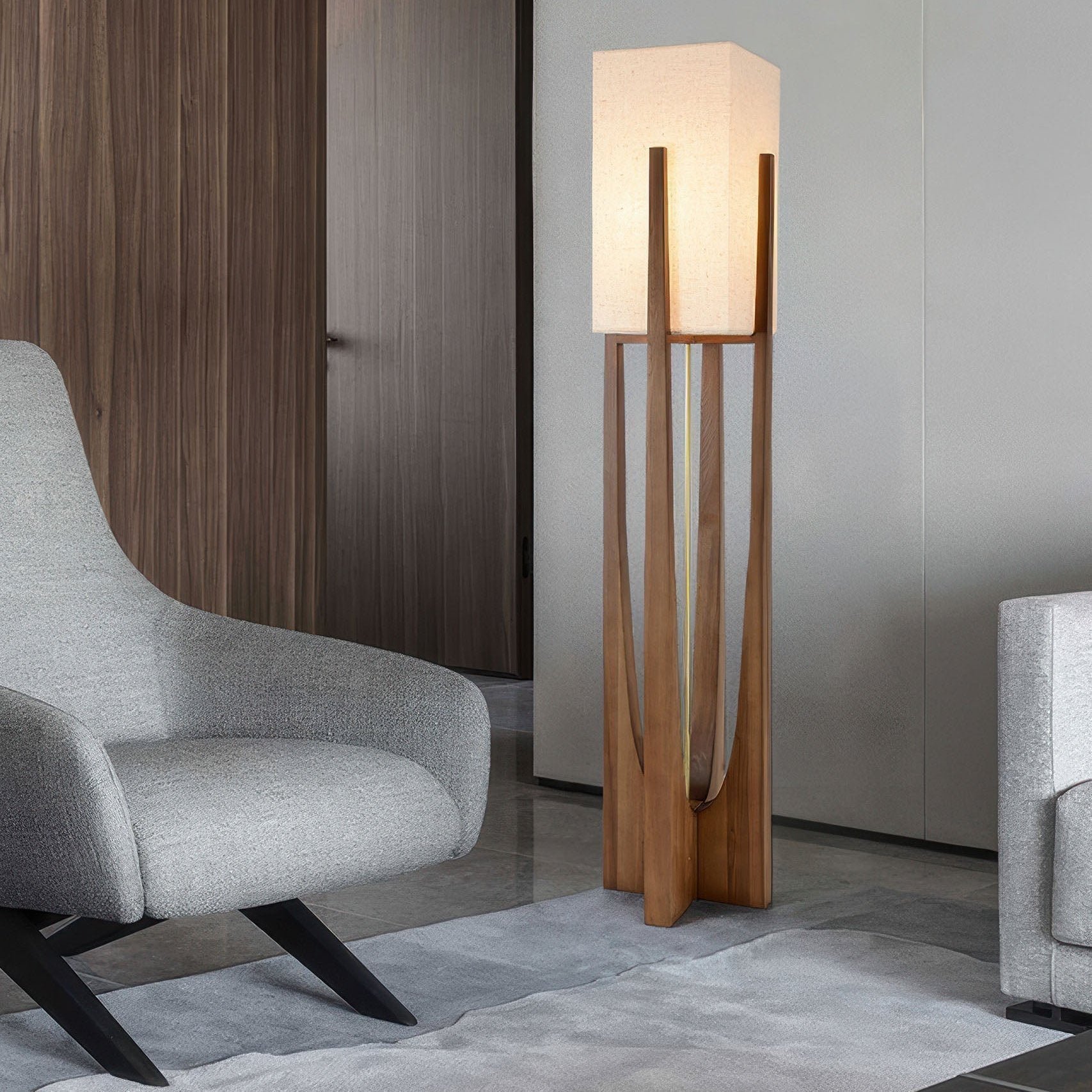 Japanese-style walnut floor lamp with LED, featuring a sturdy walnut base, brass accents, and cotton-linen shade for ambient 