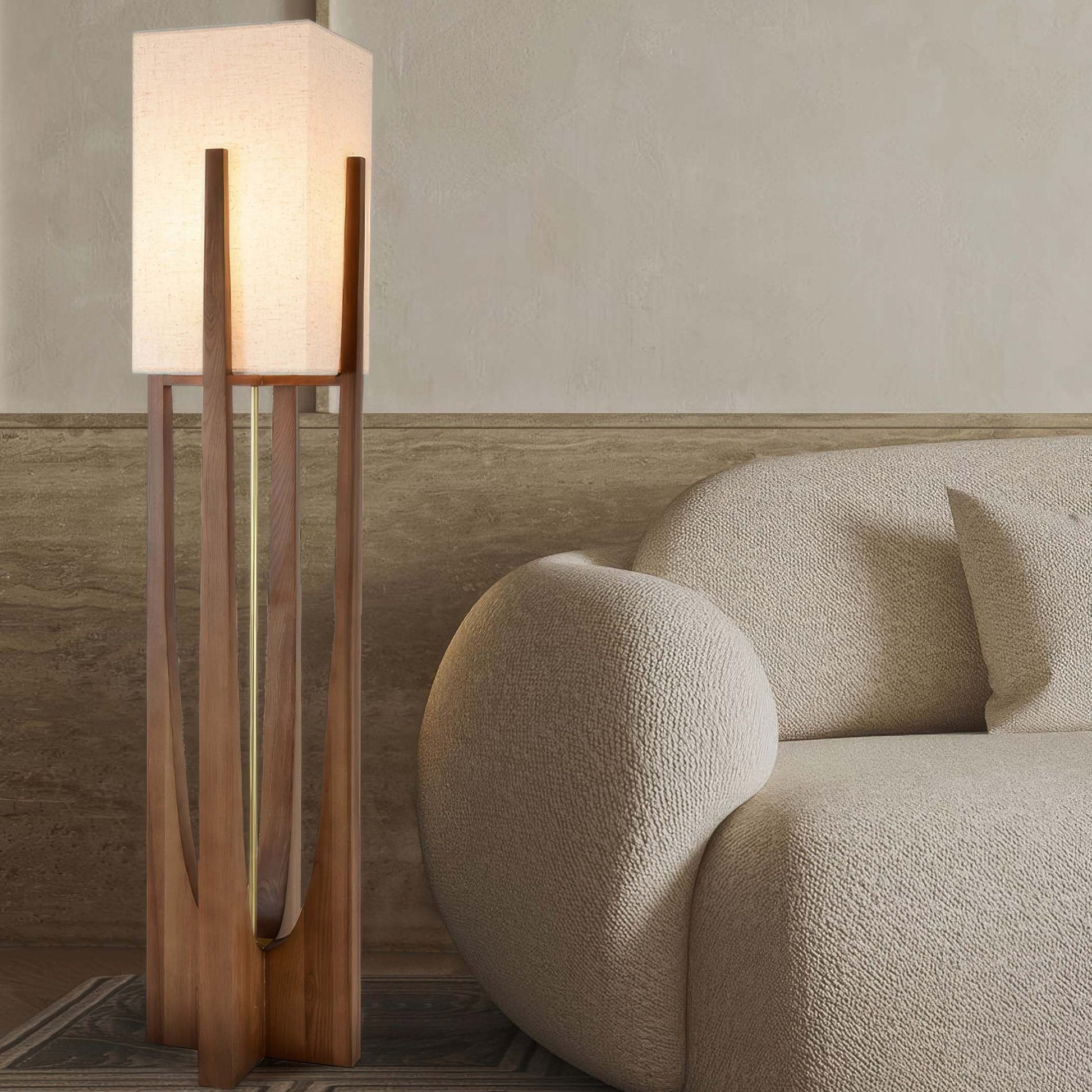 Japanese-style walnut floor lamp with LED, featuring a sturdy walnut base, brass accents, and cotton-linen shade for ambient 