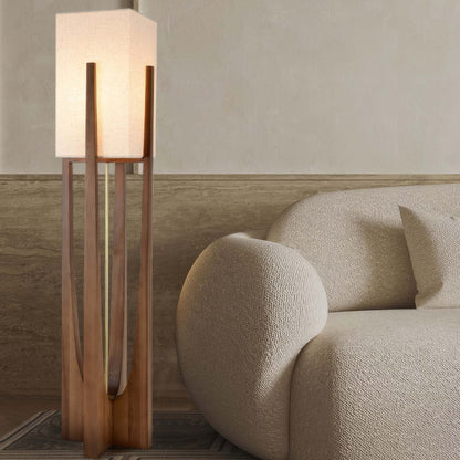 Japanese-style walnut floor lamp with LED, featuring a sturdy walnut base, brass accents, and cotton-linen shade for ambient 
