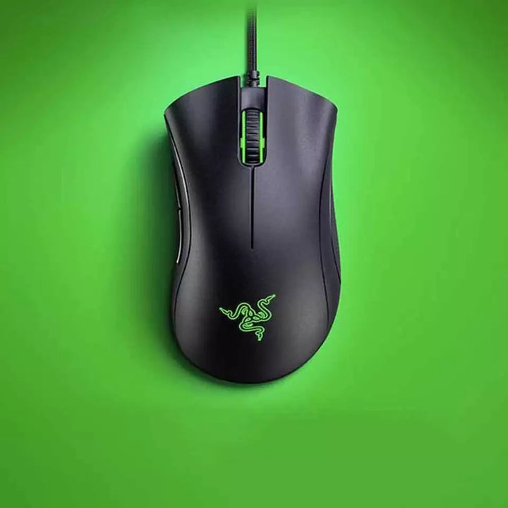 "Jet Black ergonomic optical gaming mouse with contoured design, precision 6,400 DPI sensor, and responsive buttons for gamer