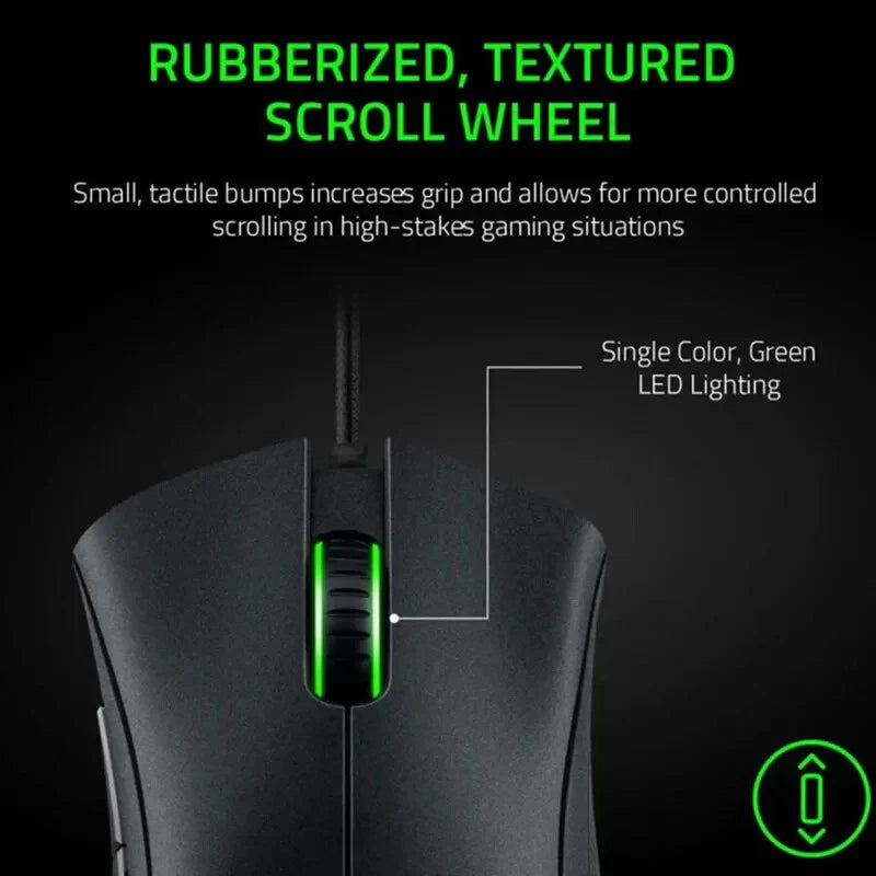 "Jet Black ergonomic optical gaming mouse with contoured design, precision 6,400 DPI sensor, and responsive buttons for gamer