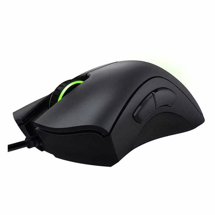 "Jet Black ergonomic optical gaming mouse with contoured design, precision 6,400 DPI sensor, and responsive buttons for gamer