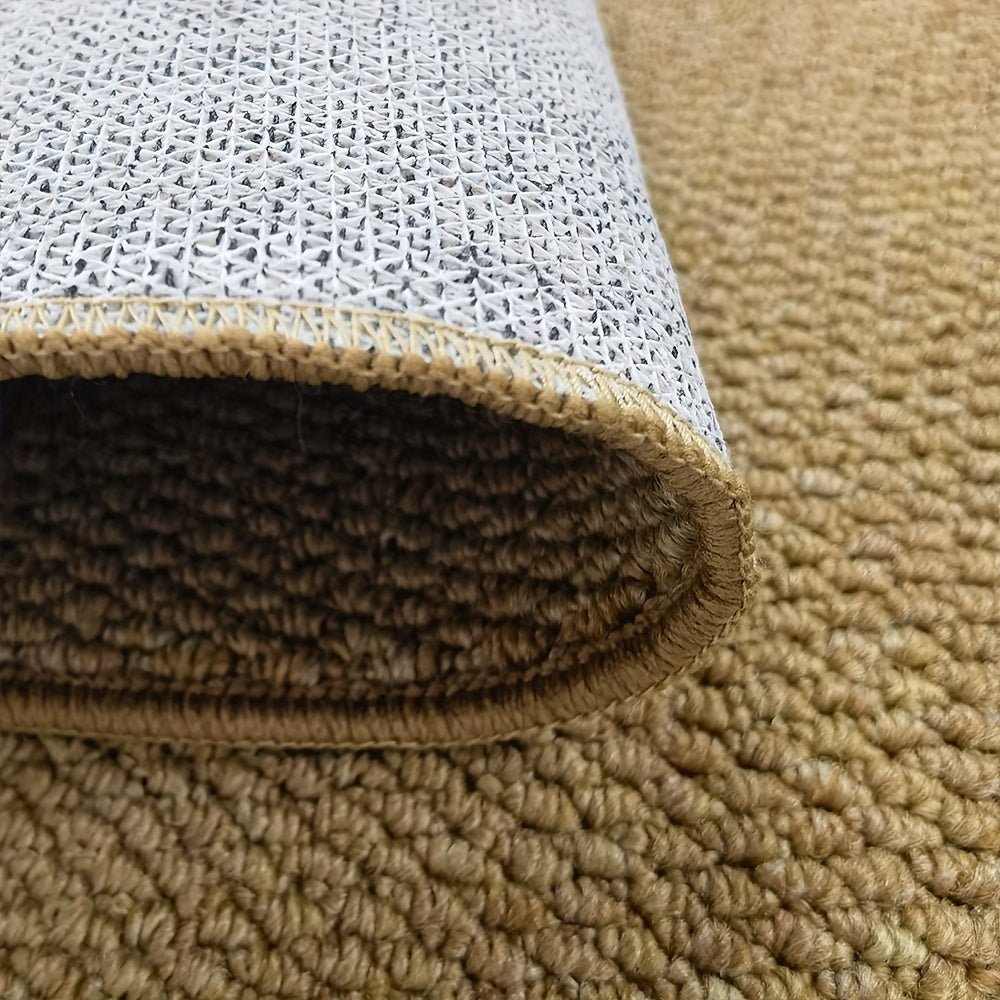 "Jute-look soft, absorbent door mat for indoor/outdoor use; stylish, traps dirt, moisture; durable, non-slip backing."