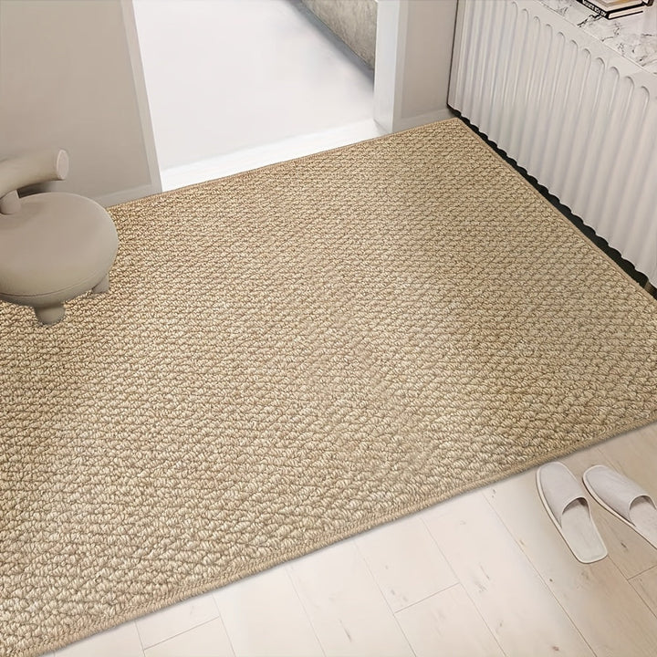 "Jute-look soft, absorbent door mat for indoor/outdoor use; stylish, traps dirt, moisture; durable, non-slip backing."