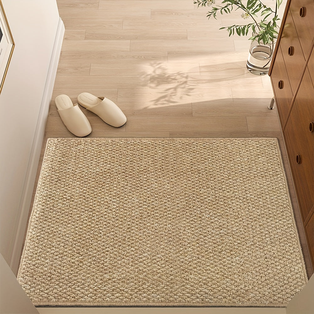 "Jute-look soft, absorbent door mat for indoor/outdoor use; stylish, traps dirt, moisture; durable, non-slip backing."