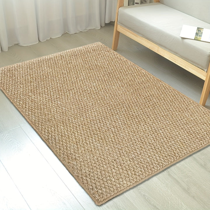 "Jute-look soft, absorbent door mat for indoor/outdoor use; stylish, traps dirt, moisture; durable, non-slip backing."