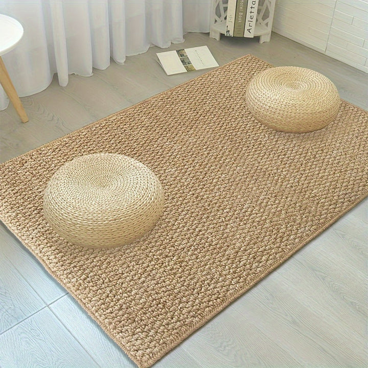 "Jute-look soft, absorbent door mat for indoor/outdoor use; stylish, traps dirt, moisture; durable, non-slip backing."