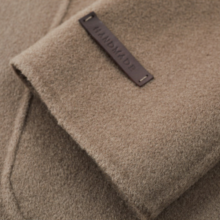 "Khaki men's wool blend overcoat, single-breasted, two-button style, tailored fit, perfect for winter warmth and elegance."