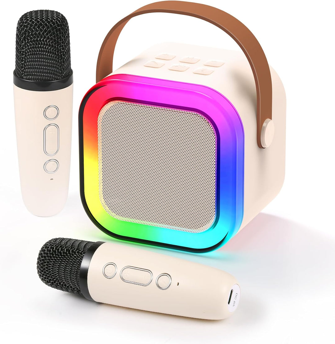 "Kids portable mini karaoke machine with wireless mics, LED lights, vibrant colors, fun for ages 3-12."