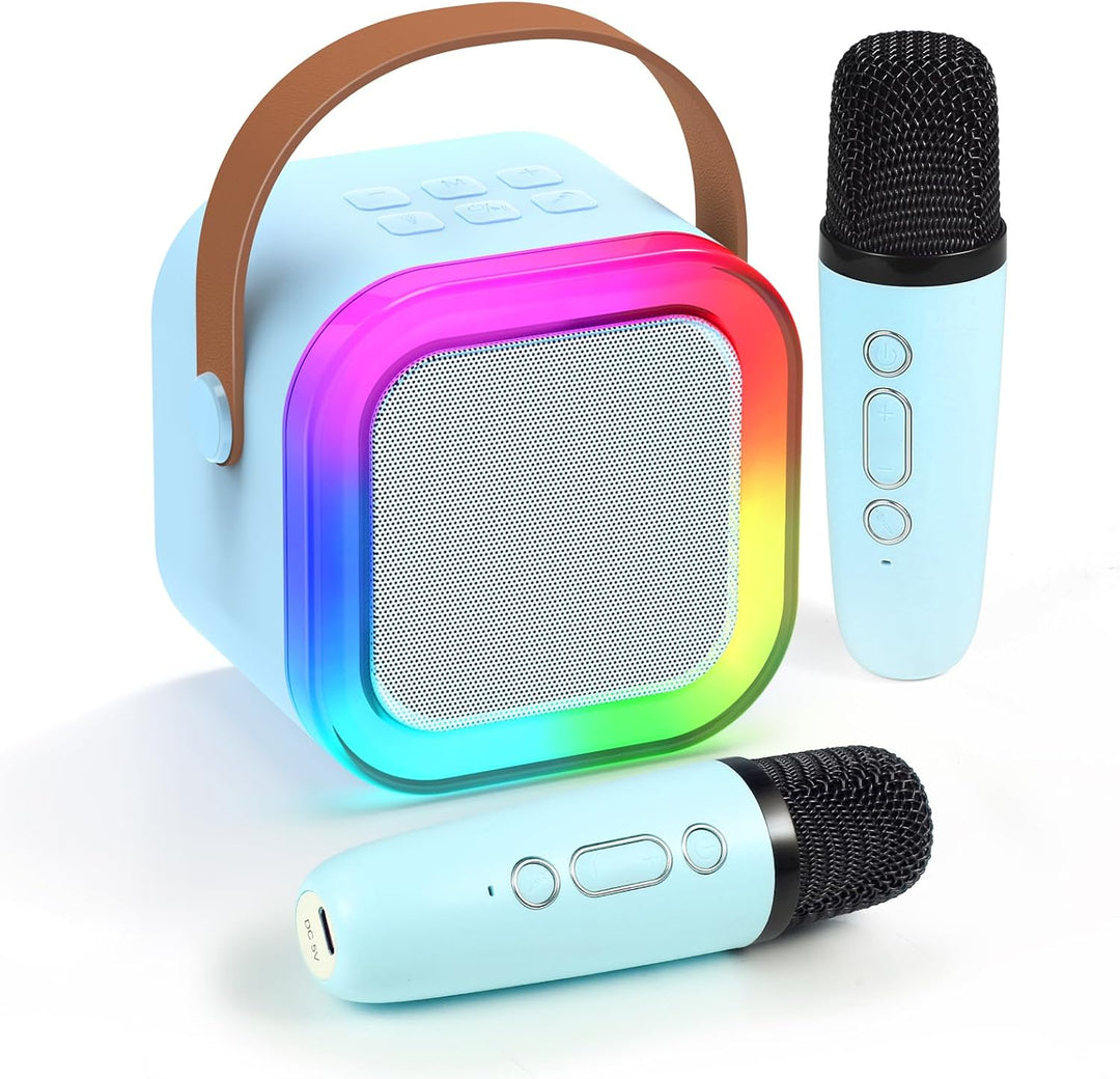 "Kids portable mini karaoke machine with wireless mics, LED lights, vibrant colors, fun for ages 3-12."