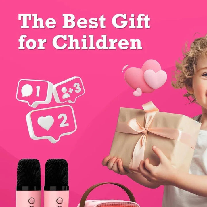 "Kids portable mini karaoke machine with wireless mics, LED lights, vibrant colors, fun for ages 3-12."