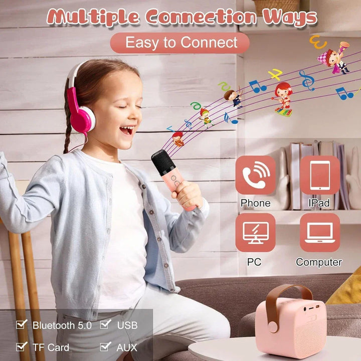 "Kids portable mini karaoke machine with wireless mics, LED lights, vibrant colors, fun for ages 3-12."