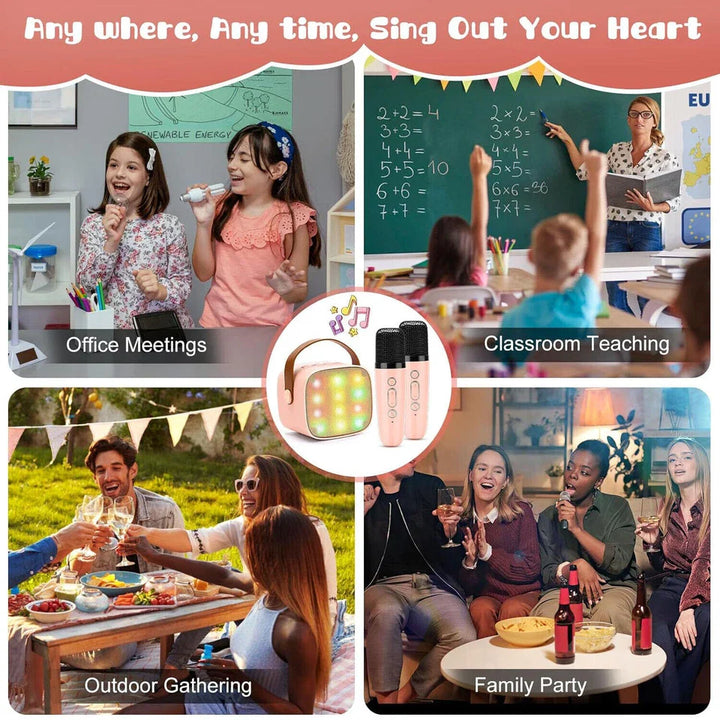 "Kids portable mini karaoke machine with wireless mics, LED lights, vibrant colors, fun for ages 3-12."