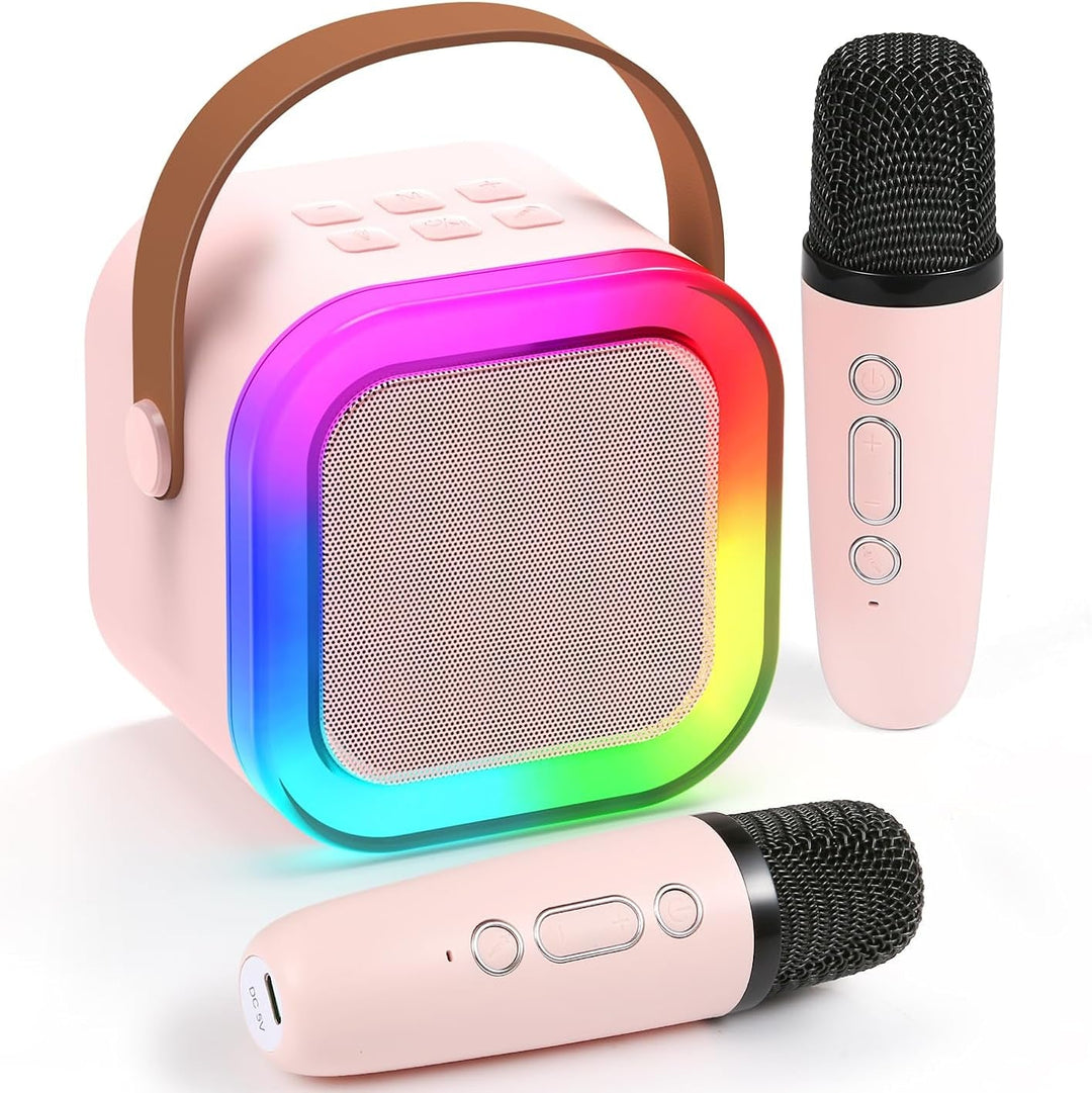 "Kids portable mini karaoke machine with wireless mics, LED lights, vibrant colors, fun for ages 3-12."