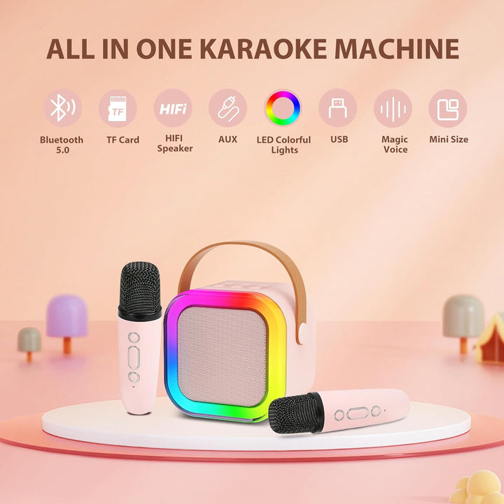 "Kids portable mini karaoke machine with wireless mics, LED lights, vibrant colors, fun for ages 3-12."