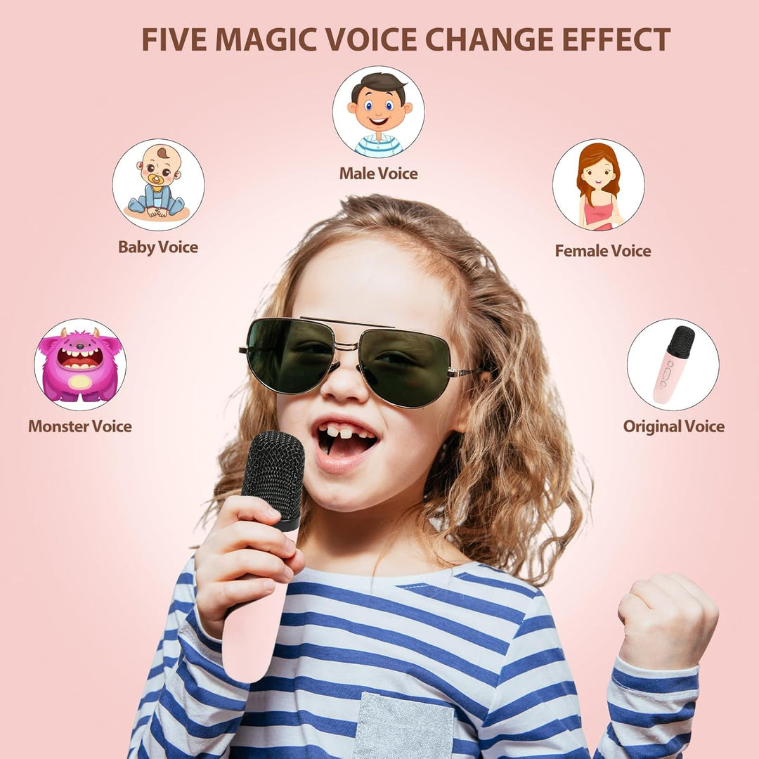 "Kids portable mini karaoke machine with wireless mics, LED lights, vibrant colors, fun for ages 3-12."